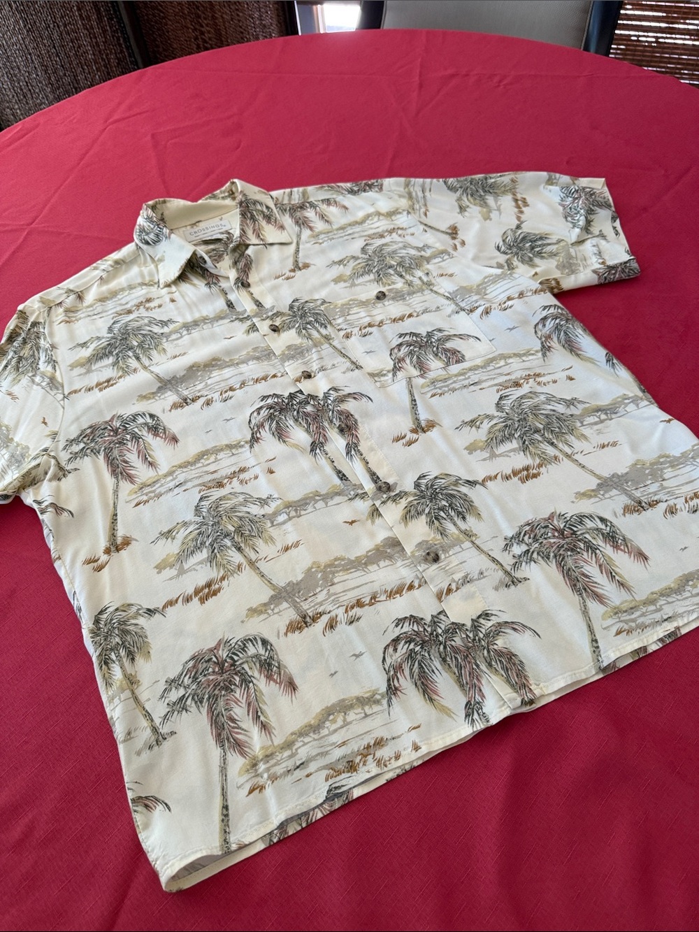 Casual Palm-Print Short-Sleeve Button-Down Shirt - Cream